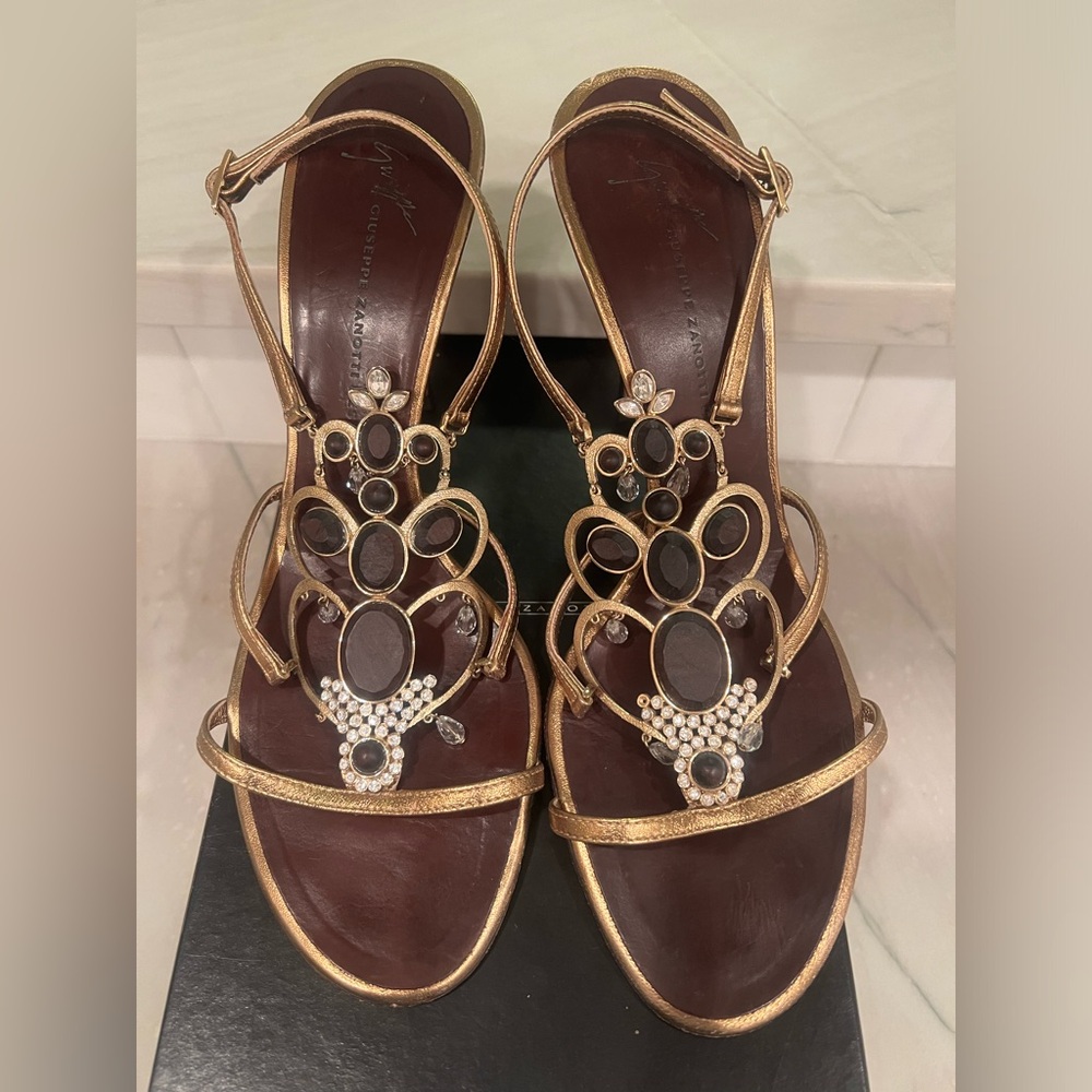 Giuseppe Zanotti Gold and Brown Sandals with Gems